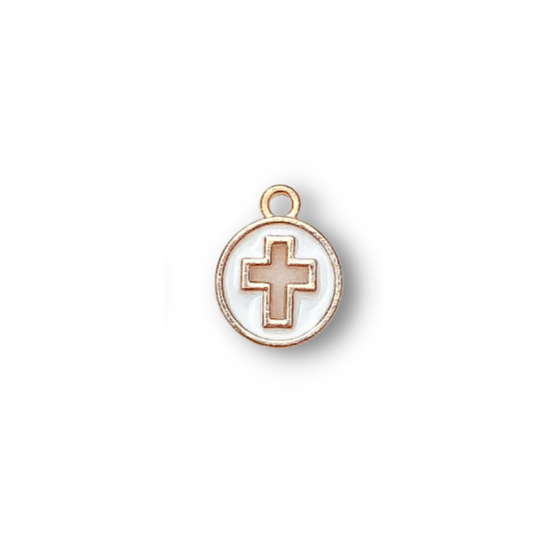 WHITE ROUND MINI CROSS CHARM